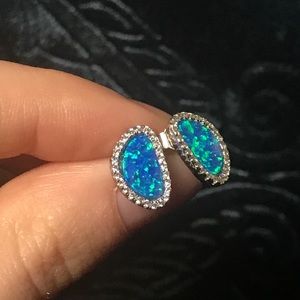 Modern blue opal halo earrings